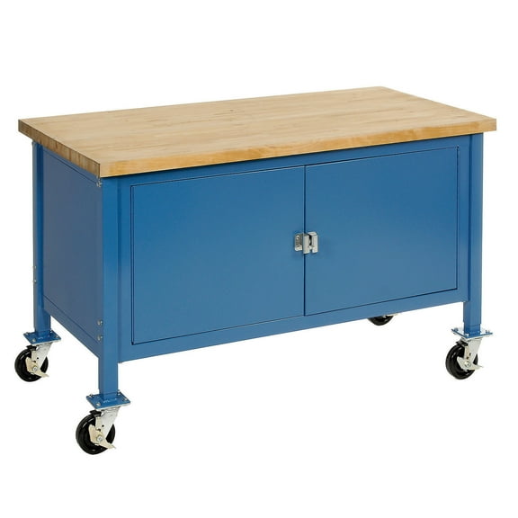 Mobile Workbench with Security Cabinet, Maple Butcher Block Safety Edge, 72"W x 30"D, Blue