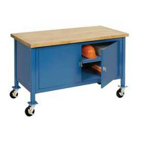 Mobile Workbench with Security Cabinet - Maple Butcher Block Safety Edge - Blue