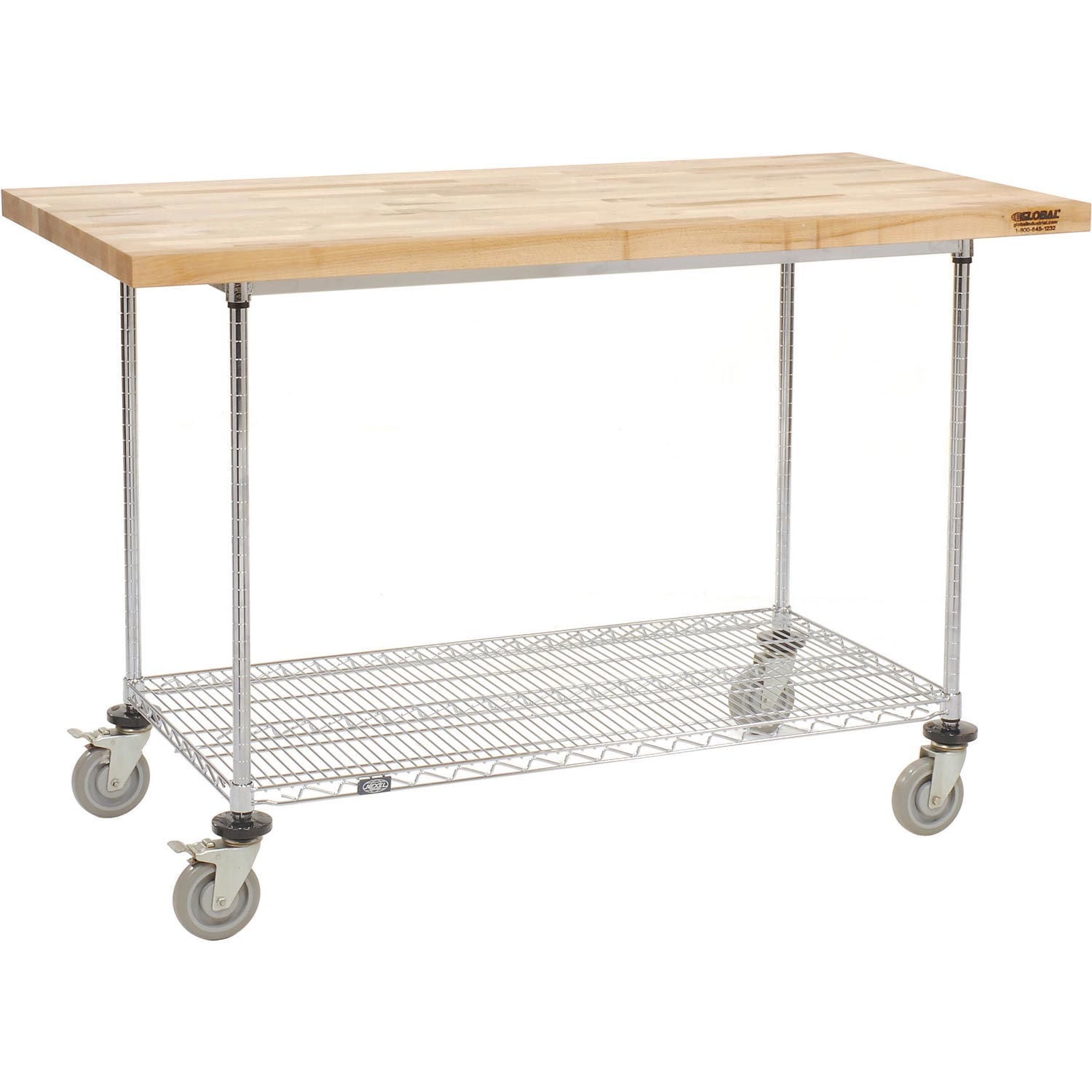 Mobile Workbench with Wire Rack, Maple Butcher Block Square Edge, 60