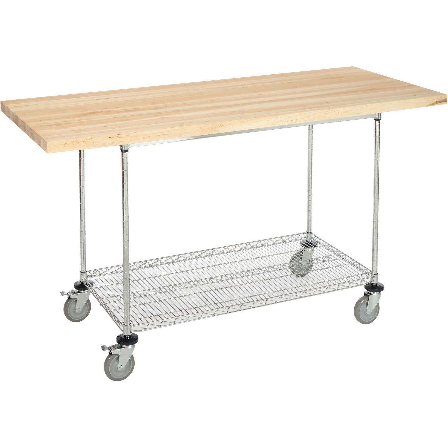 Workbench Cable Rack Mobile Workbench with Wire Rack, Maple Butcher Block Square Edge, 72