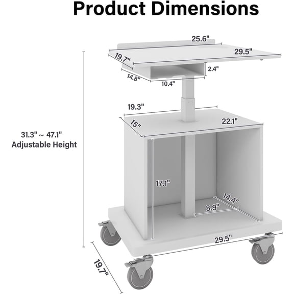 Mobile Workstation with Pneumatic Height Adjustment, Rolling Laptop Cart for Office Medical Classroom