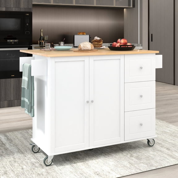 Mobile kitchen island with solid wood top and locking wheels has a breakfast bar and storage for kitchen essentials in use