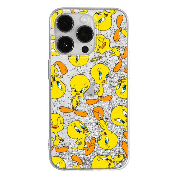 Mobile phone case with glitter overflow effect for Apple IPHONE 14 PLUS original and officially Licensed Looney Tunes pattern Tweety 010 optimally adapted to the shape of the mobile phone