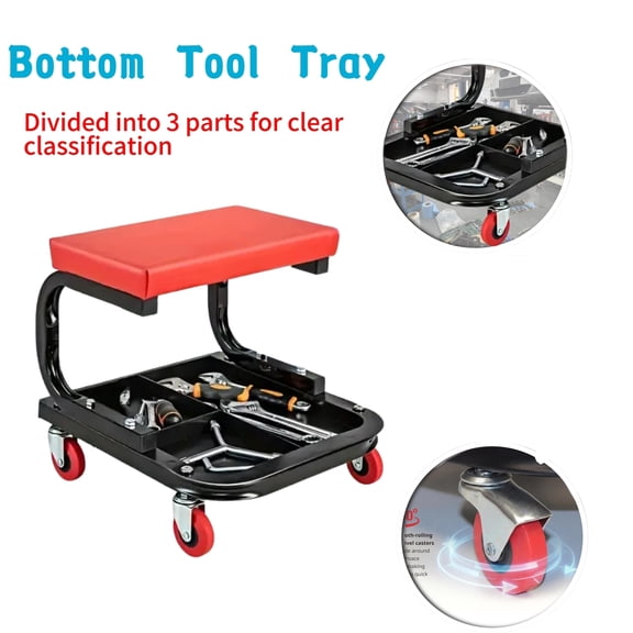 Mobile repair bench, auto repair bench, auto repair bench, repair tool bench, wheel slide auto repair bench, auto repair bench, padded rolling workshop bench with tool tray storage, garage mechanical