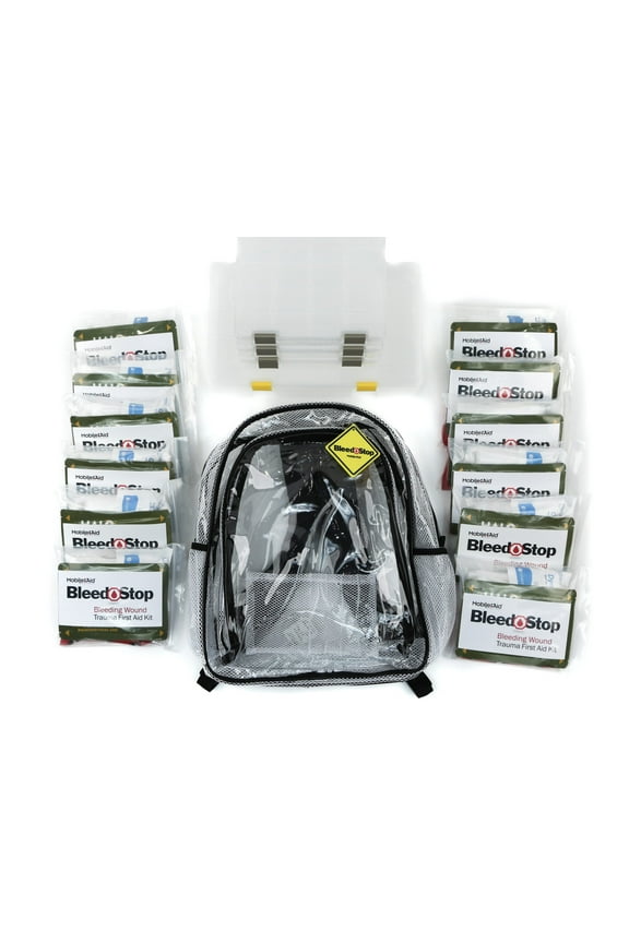 MobileAid Clear-View BleedStop High-Capacity Backpack Kit with 12 Bleeding Control Throw Packs