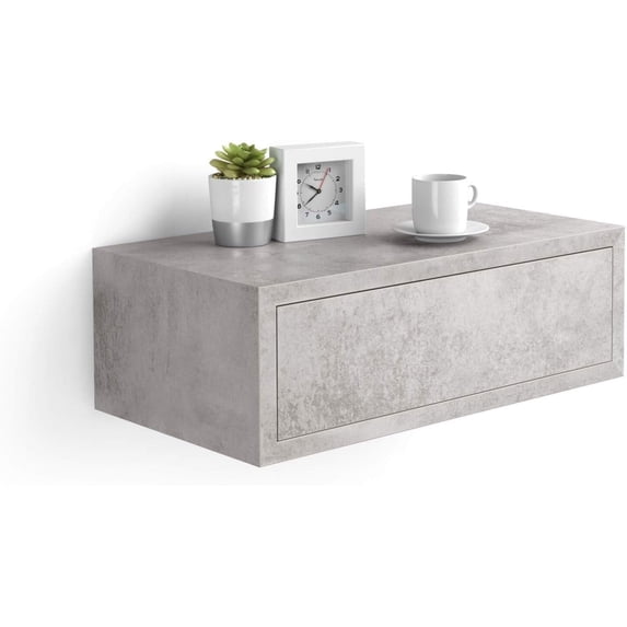 Mobili Fiver, Riccardo Floating nightstand, Concrete Effect, Grey, 17.7" x 9.8" x 6.1 ", Melamine-Finished, Modern Bedside Table, End Table, Italian Furniture