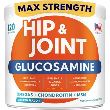 Glucosamine for Dogs Hip & Joint Supplement - Chondroitin, Omega-3, MSM - Joint Health & Pain Relief - Senior & Large Dogs - Made in USA - 120 Mobility Chews