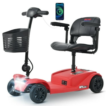Metro Mobility Secure Foldable 4-Wheel Mobility Scooter with Charger, Basket & Cup Holder, Red, 350 lb Limit