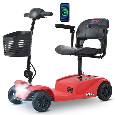 Metro Mobility Secure Foldable 4-Wheel Mobility Scooter with Charger, Basket & Cup Holder, Red, 350 lb Limit