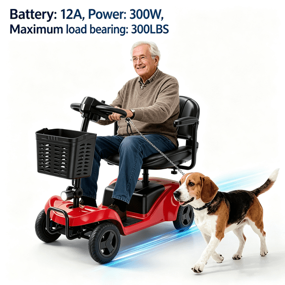 Mobility Scooter for Adults,4 Wheel Mobility Scooter,15 Miles Range,300LBS Capacity,Lightweight and Portable,with LED Headlights and Basket,Charger Included,Gifts Suitable for Elders (Red)