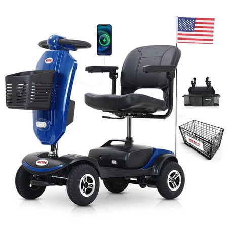 Ndrfhaj Secure Foldable 4-Wheel Mobility Scooter with Charger & Basket, Blue, 300 lb Limit