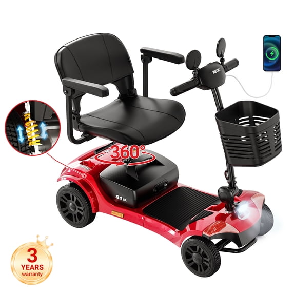 Mobility Scooter for Seniors, Segmart 4-Wheel Electric Mobility Scooter with 360° Swivel Seat, Anti-Tip Wheels, Detachable Battery, USB, LED Light, 300 lb Capacity, Red