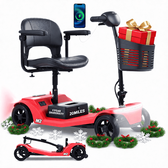 Segmart 4-Wheel Mobility Scooter for Adults & Seniors,All-Terrain Foldable Electric Scooter with Headlights, USB Port, Basket, Long-Range Battery, 330 lbs Capacity, Red