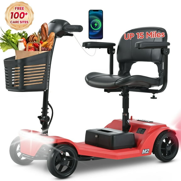 Mobility Scooters for Seniors, Adults Folding Mobility Scooters w/Basket, 24V Electric Scooter Wheelchair, Adjustable Seat, LED Light, Up to 12 Miles, Up to 330lbs, Red, 1-Year Warranty