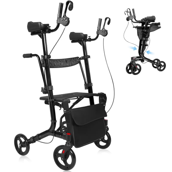 Mobility Upright Walker with Seat,for Seniors,Stand Up Rollator,Arm Rests,Heavy Duty,Folding Medical Aid Scooter for Elderly,Seniors-Walking Foldable Assist–450 lb Capacity,22 lbs Lightweight(Black)