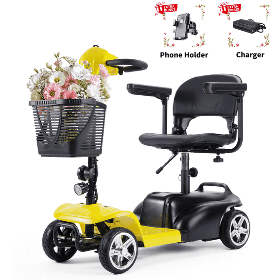 Mobility scooters for adults, 4-wheel foldable electric scooter, equipped with a 250W high-power motor, speed up to 6 mph, range up to 15.5 miles, includes phone mount, outdoor camping cart, Yellow