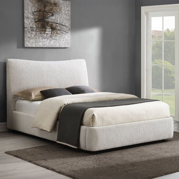 Mobilya Full Size Bed Frame - Contemporary Beige Chenille Upholstered Wood Platform Bed, No Box Spring Needed - 60"W