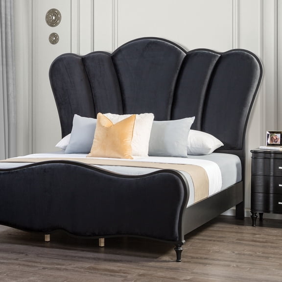 Mobilya King Bed Frame with Padded Channel Headboard - Glam Black Fabric, Solid Wood - Eastern King Size 90"
