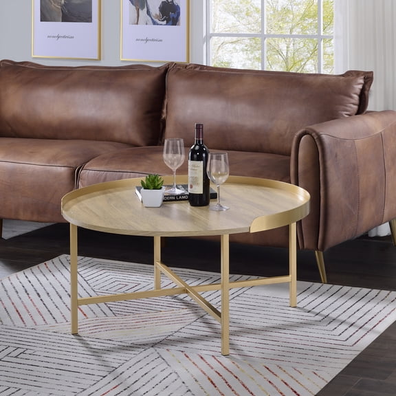 Mobilya Round Coffee Table Gold & Oak - Modern Living Room Accent Table, Metal Base, 34" Diameter