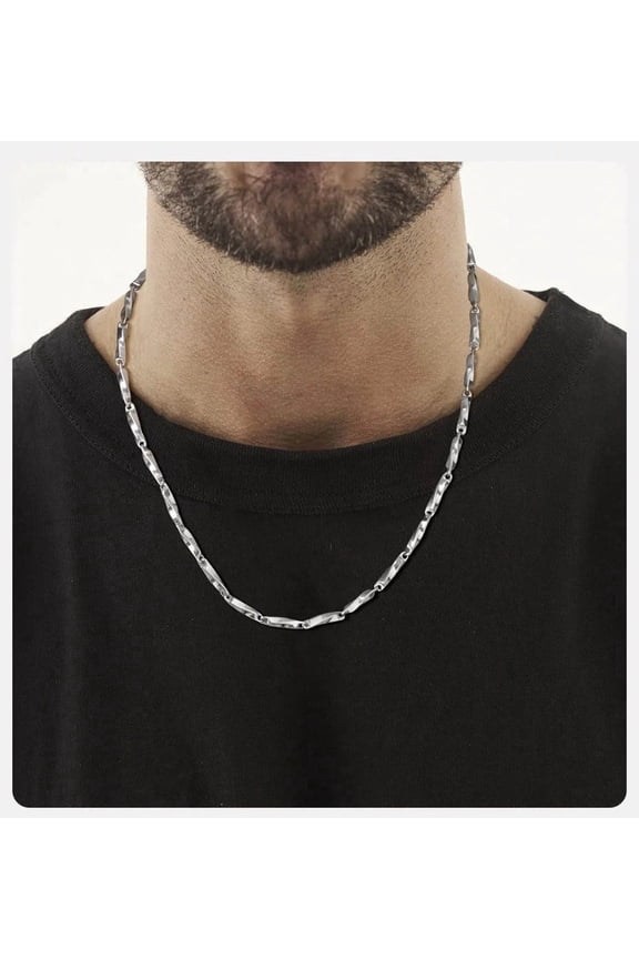 Mobius Chain 14K White Gold Necklaces for Men, 4mm Twisted Bar Links Necklace, Never Fade Silver Color Geometric Collar