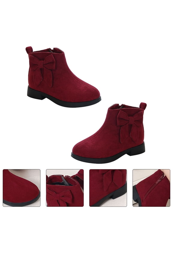 1 Pair Toddler Boots Short Boots for Kids Girls with Bow- in Dark Red Color for Autumn Winter