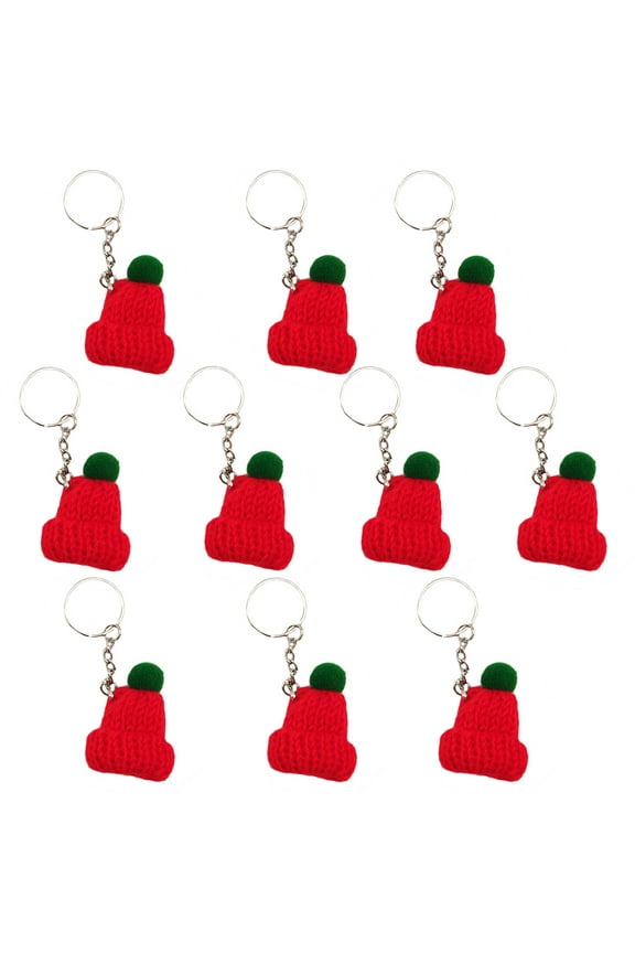 10 Pcs Knitted Keychain Charm Red Hat Shape for Christmas Celebration and New Year present 4x1.6x0.4in