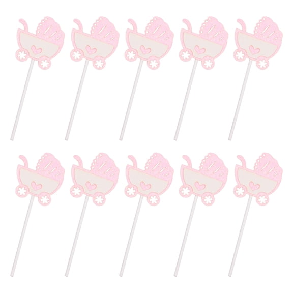 Mobutofu 10Pcs Pink Paper Baby Carriage Cupcake Toppers for Cake Decoration