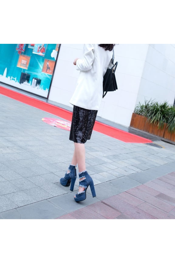 Women's Denim High Heel Open Toe Sandals, Non- Comfortable Fashion Shoes, Stylish Footwear Pair