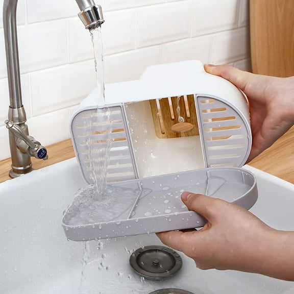 Mobutofu Cutlery Drain Rack Kitchen Storage Organizer 3-Part Design, Rectangular Wood Holder 22 x 12 x 17 Inches