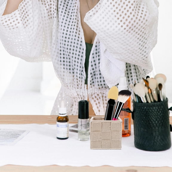 Mobutofu 1Set Minimalist Beige Woven Organizer Basket for Bathroom and Office Small Storage Solution