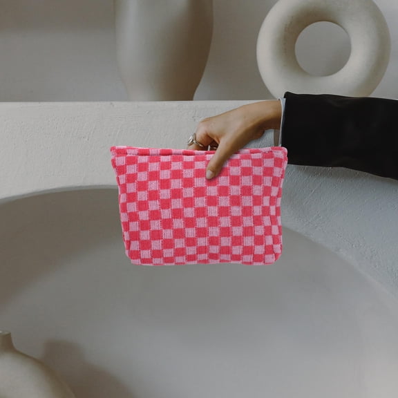 Mobutofu 2-Pack Rosy Checkered Cosmetic Bags Set, Lightweight Makeup Organizer for Travel, Daily Use and Storage
