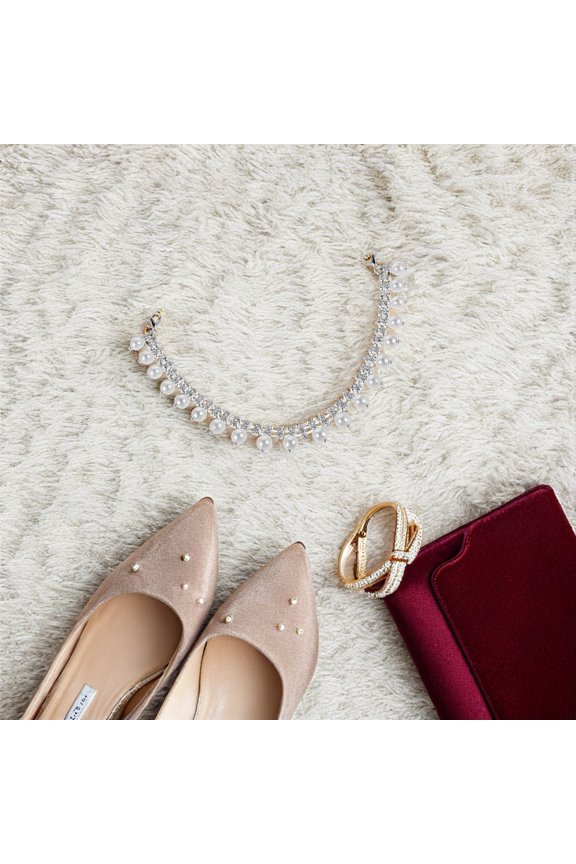2Pcs White High Heel Shoe Chain Jewelry with Rhinestone Pearls Detachable Decorative Straps for Style