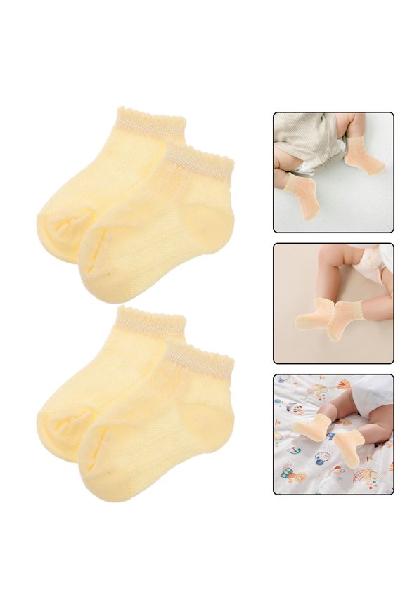 3Pairs Light Yellow Cotton Socks with Princess Lace Breathable Design Summer Thin Socks