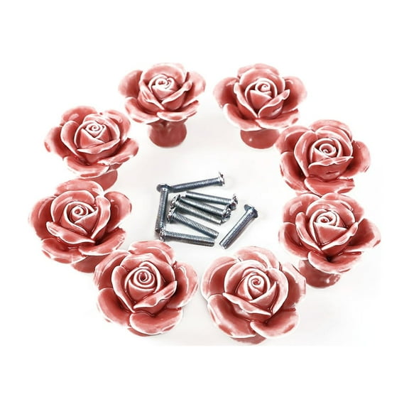 Mobutofu 8Pcs Durable Pink Ceramic Rose Shape Cupboard Drawer Pull Knobs
