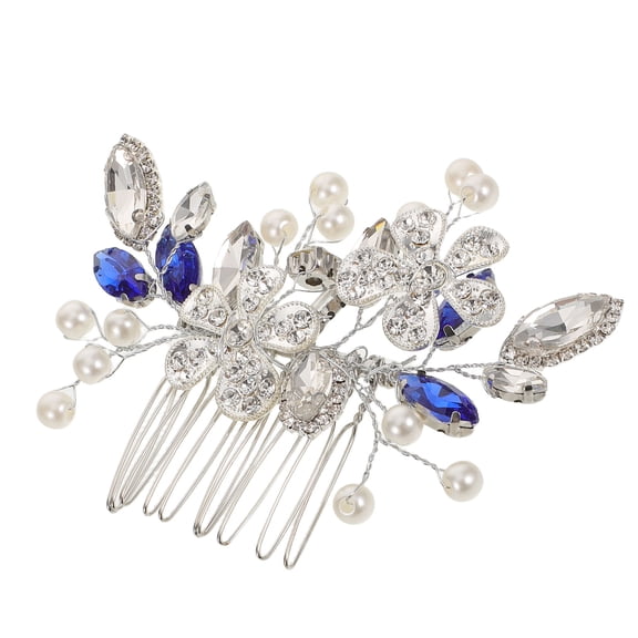 Mobutofu Blue Glass Rhinestone Flower Side Comb for Brides Wedding Hair