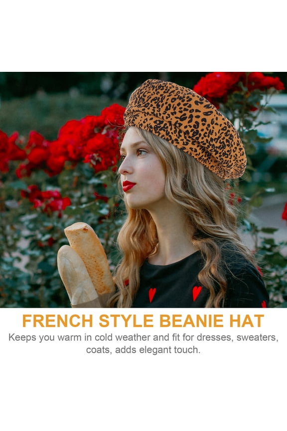 French Style Leopard Beret Beanie Hat Warm Caps for Cold Weather and Decor