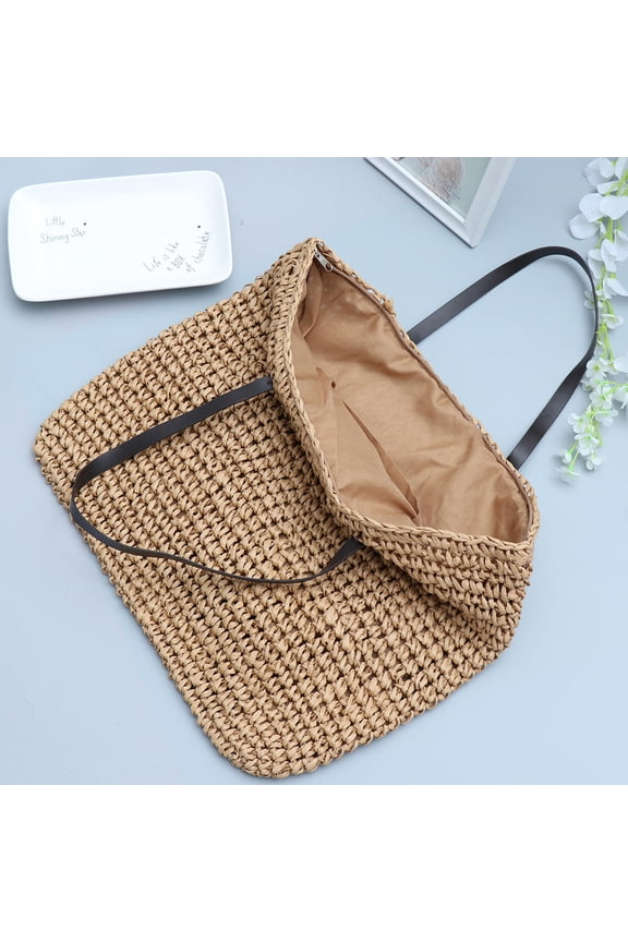 Light Brown Reusable Knitted Rattan Straw Shoulder Bag Handbag for Casual Outings and Everyday Use
