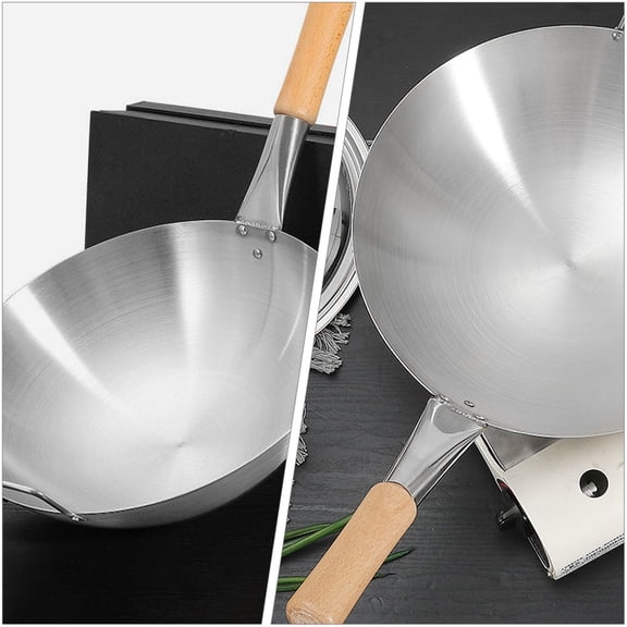 Mobutofu Silver Metal Wok with Handles Stainless Steel Kitchen Frying Pan