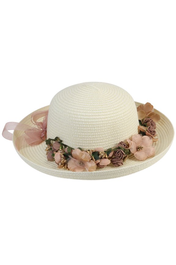 Women Summer Beach Hat Wide Brim Hat Milk White Straw Foldable Sun Protection 1Pcs