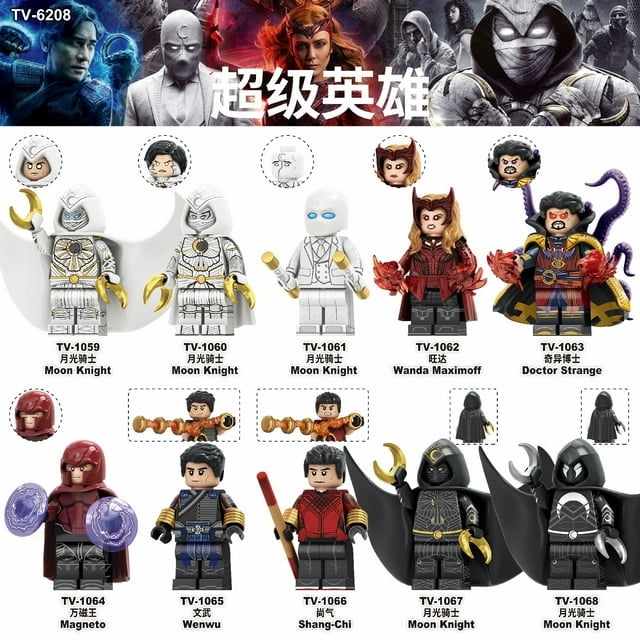 10PCS Superheroes Anime Seires Minifigures Moon Knight Doctor Strange Shang-Chi, Building Blocks Toy for Boys \u0026 Fans