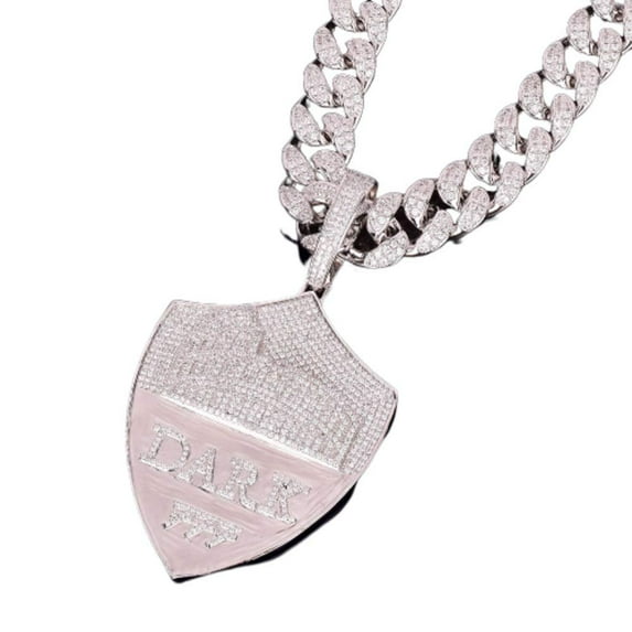 Moca Jewelry Iced Out Shield Pendant Necklace 18K Gold Plated Bling CZ Simulated Diamond Hip Hop Rapper Chain Necklace for Men Women (Silver) C87