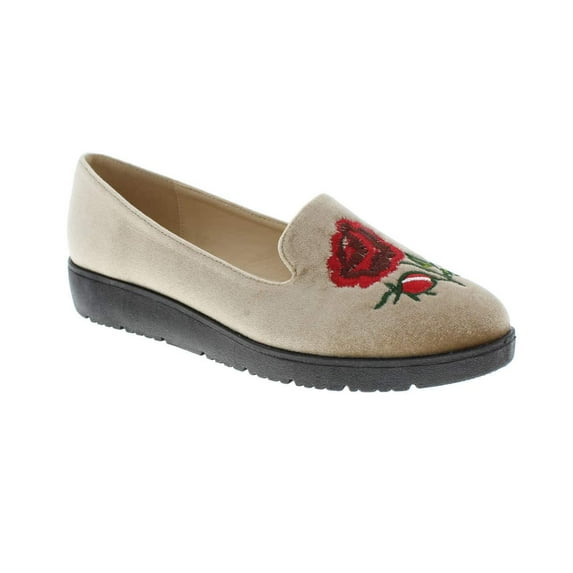 Moca Slip-On Flats Women's Casual Faux Suede /w Embroidered Rose Print Design Rosie-07, Beige 8.5 F US