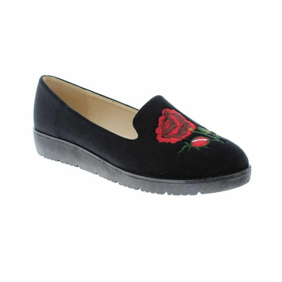 Moca Slip-On Flats Women's Casual Faux Suede /w Embroidered Rose Print Design Rosie-07, Black 8.5 F US