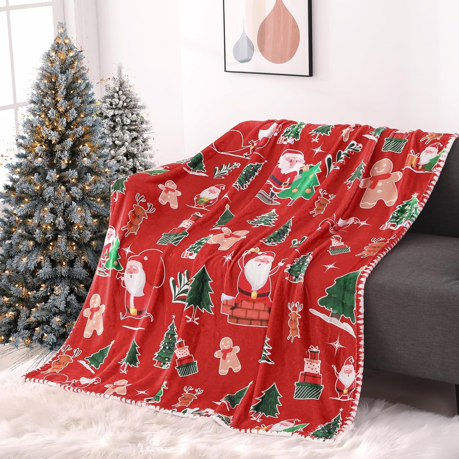 Mocaletto Elegant Fuzzy Throw Blanket, Christmas Tree Snowman Santa Claus Elk Blankets,300GSM