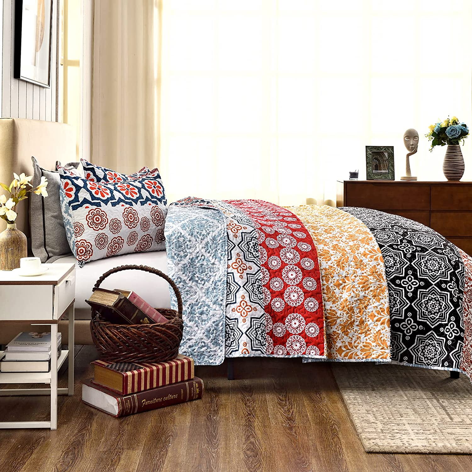 Mocaletto Luxury 3 Piece King Size Boho Quilts Elegant Reversible Quilt Set Bedding Set with Pillow Shams Bohemian Bedspread Lightweight Microfiber King Size Coverlet Walmart Business Supplies