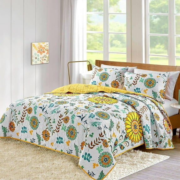 Mocaletto Luxury 3 Piece King Size Floral Quilts, Elegant&Reversible Quilt Set Bedding Set with Pillow Shams, Sunflower Bedspread, Lightweight Microfiber King Size Coverlet