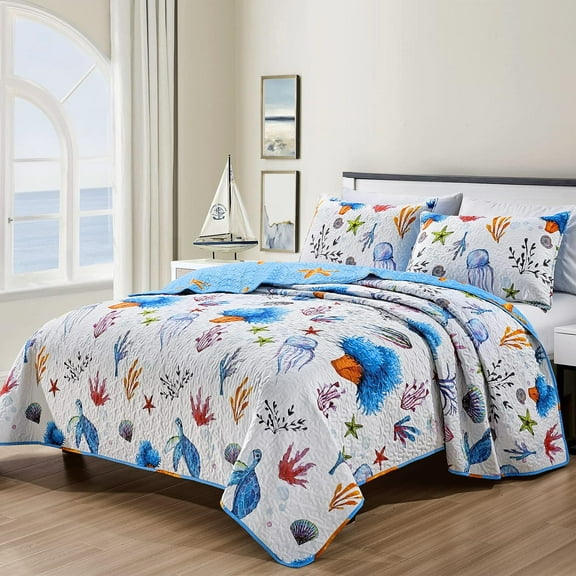 Mocaletto Luxury 3 Piece King Size Quilts, Elegant&Reversible Quilt Set Bedding Set with Pillow Shams, Coastal Bedding Beach Bedspread, Lightweight Microfiber King Size Coverlet