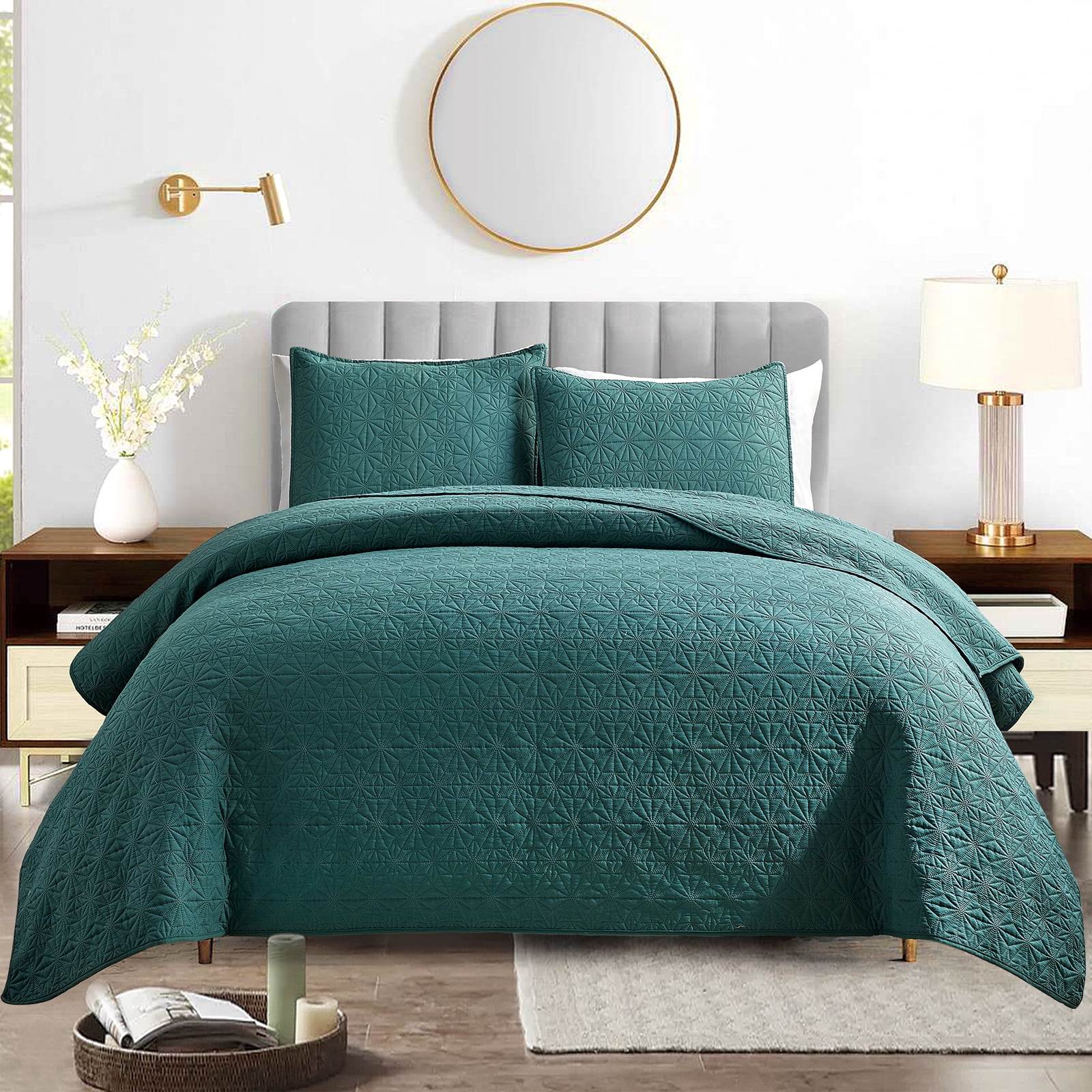 Mocaletto Luxury 3 Piece King Size Quilts, Elegant&Reversible Quilt Set Green Bedding Set with