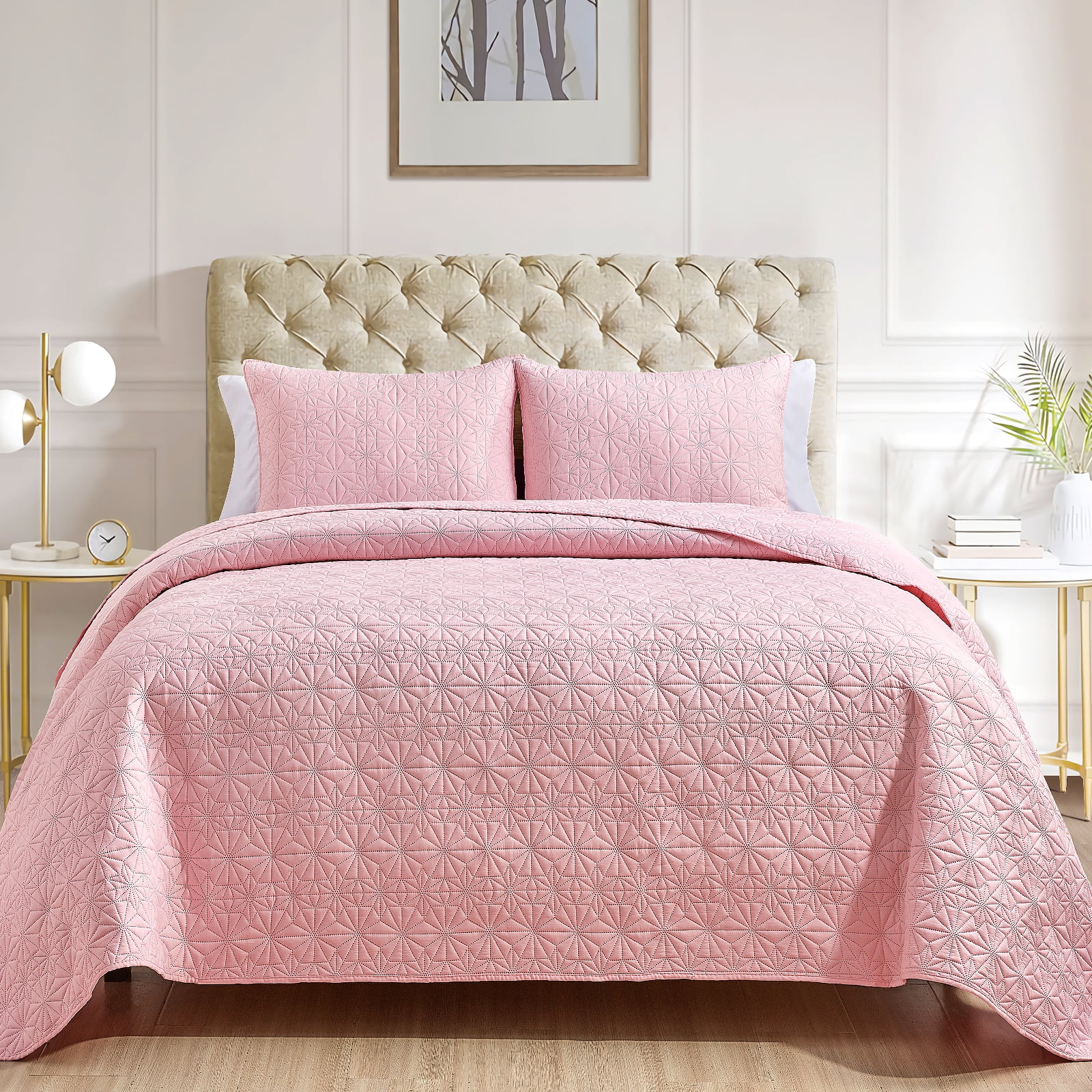 Mocaletto Luxury 3 Piece King Size Quilts, Elegant&Reversible Quilt Set Pink Bedding Set with