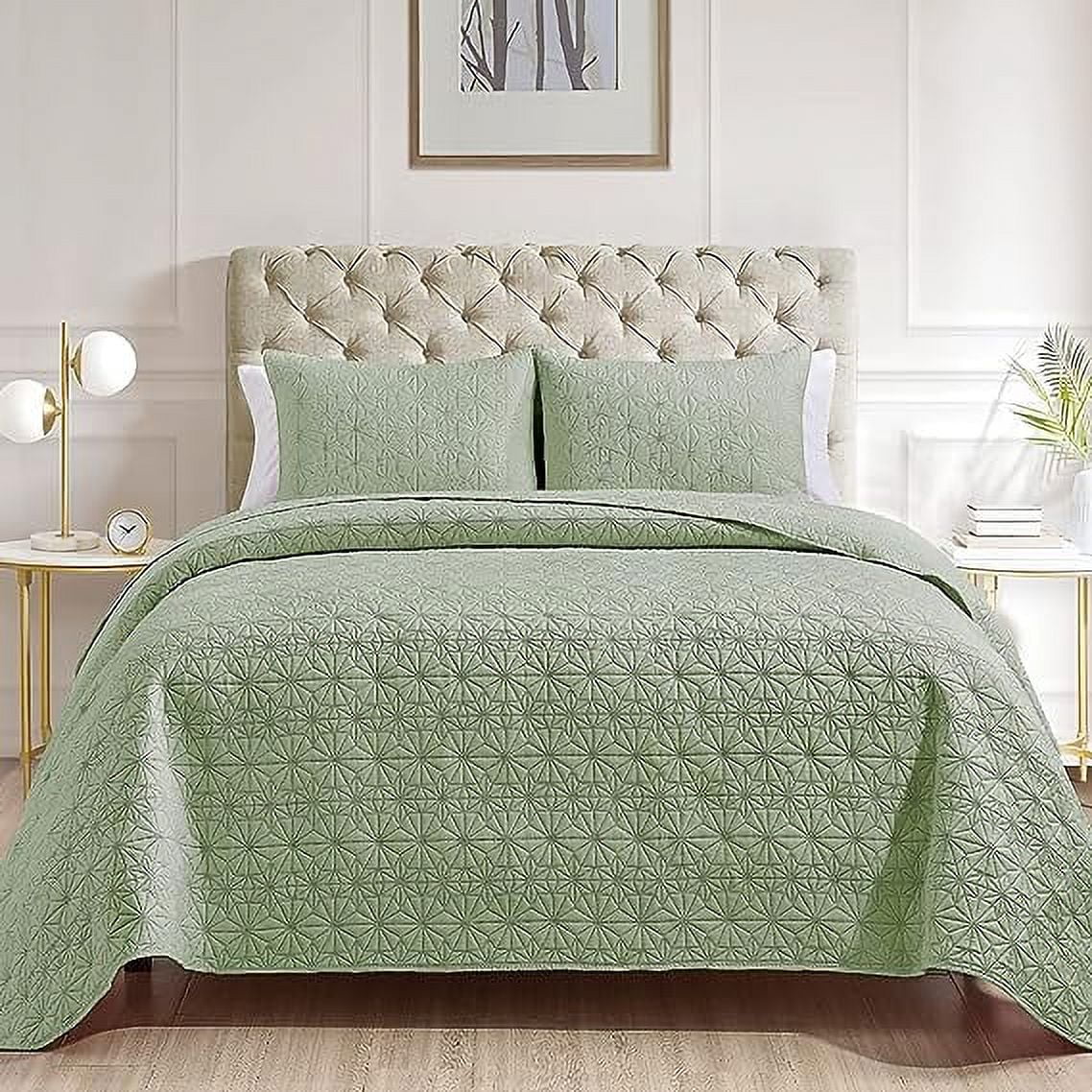 Mocaletto Luxury 3 Piece King Size Quilts, Elegant&Reversible Quilt Set Sage Green Bedding Set